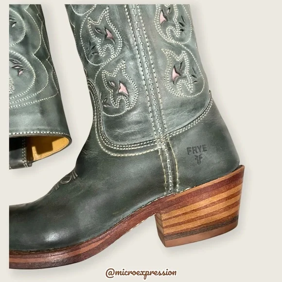 VINTAGE 1980 Frye Austin Campus Green-Blue Leather Floral Embroider Cowboy Boot - Picture 11 of 16